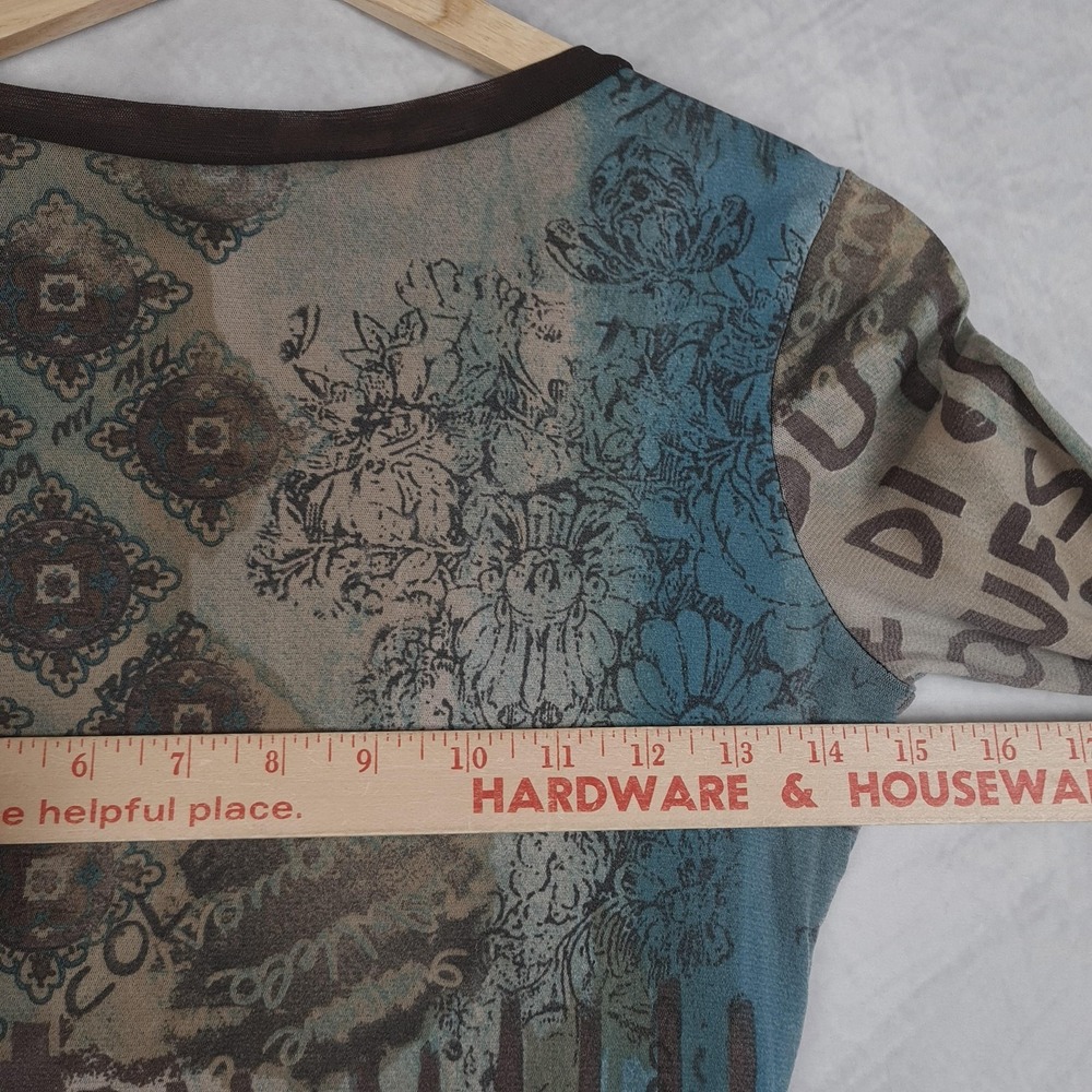 Women’s Mixed Print Asymmetric Long-Sleeve Blouse - Teal & Taupe - Picture 14 of 16
